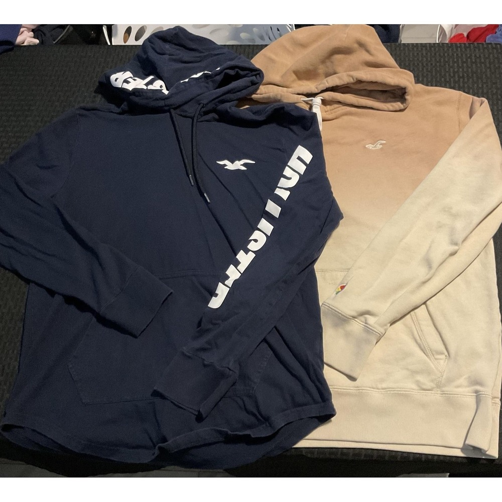 Hollister Hoodies Mens Medium Multicolor Logo Pullover Lot Of 2 Navy Blue & Tan